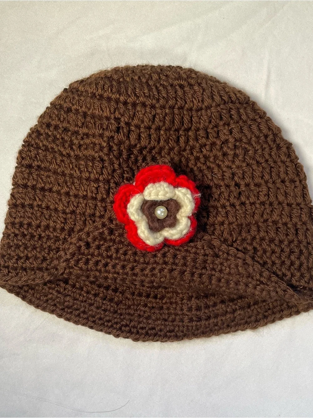 VTG Inspired Handmade Brown Crochet Cloche Hat with Flower Pearl Button Accent